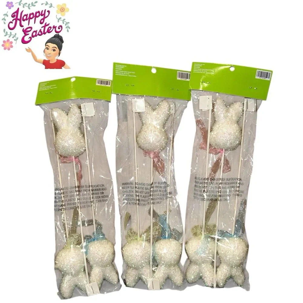 3x Easter Foam Glitter Decorated Easter Bunnies Picks. 3 Ct Each 10.5 Inches